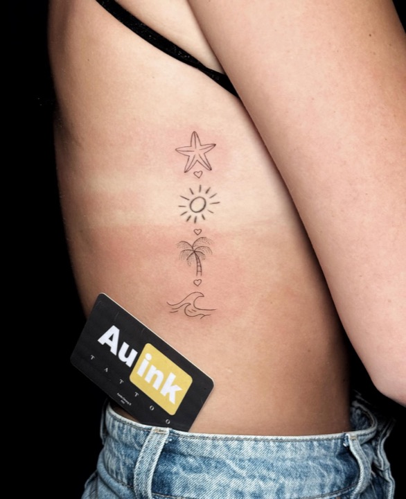 Palm, star & wave, fine line tattoo by Aurelio Dinorog III in Panglao, Bohol