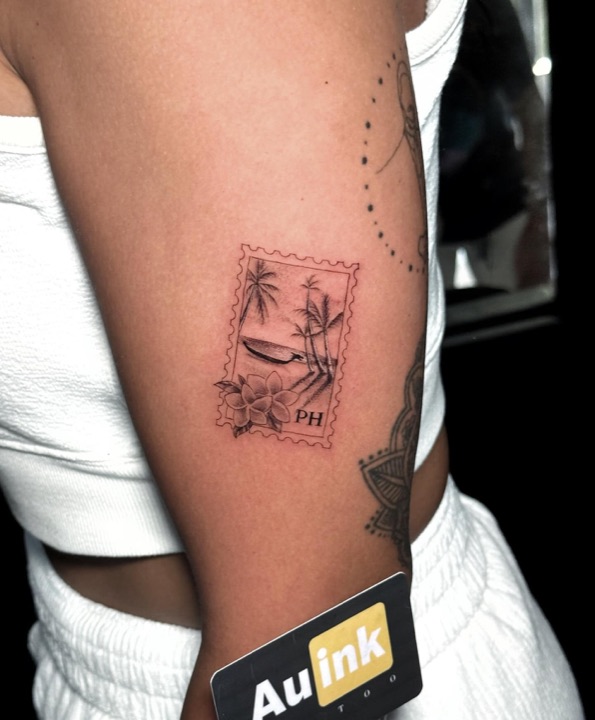 Travel stamp, island-inspired tattoo by Aurelio Dinorog III