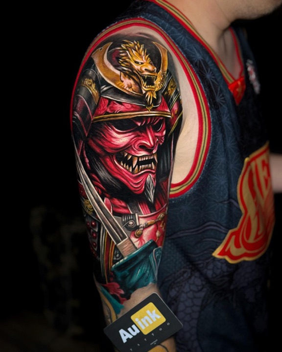 Japanese samurai, realism colored tattoo by Aurelio Dinorog III in Panglao, Bohol