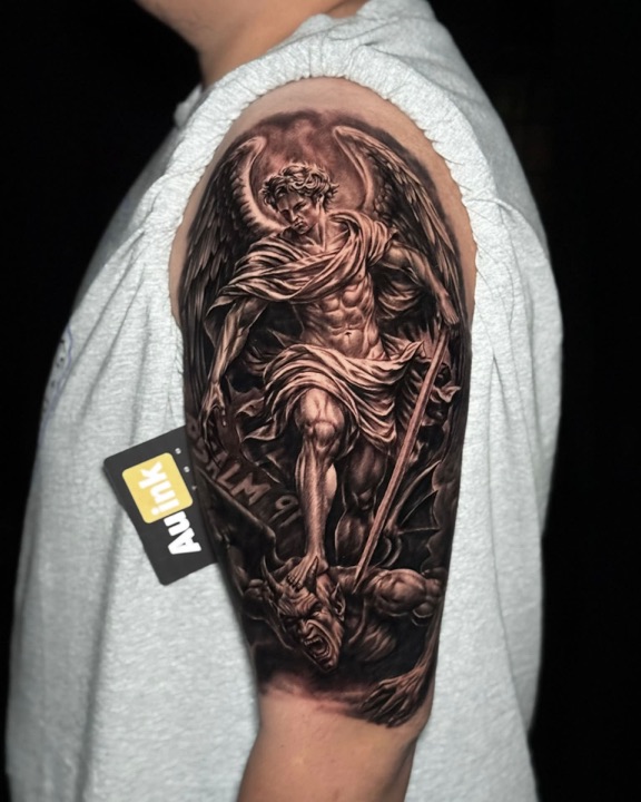 St. Michael, realism black & grey tattoo by Aurelio Dinorog III in Panglao, Bohol