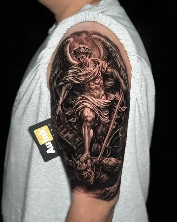 St. Michael, realism black & grey tattoo by Aurelio Dinorog III in Panglao, Bohol